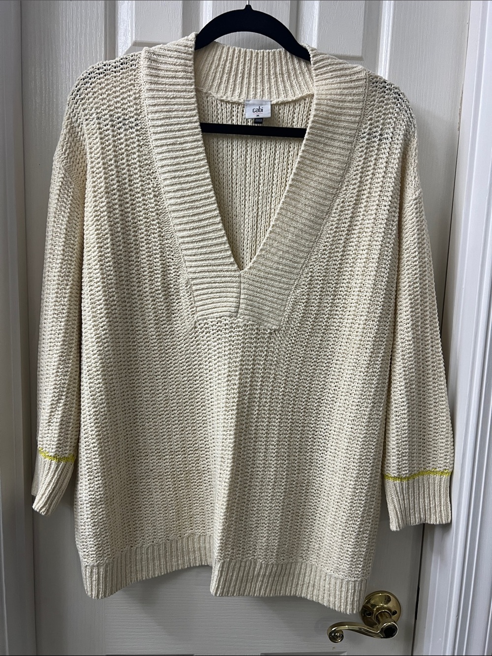 CAbi Cream V-Neck Sweater with Citron Trim